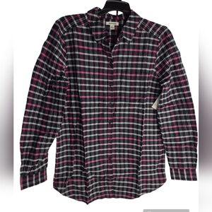 Goodthreads Women Flannel Drop-Shoulder Long-Sleeve Shirt Black Pink Plaid S